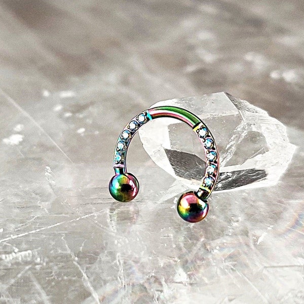 Titanium Small Rainbow CZ Pave Horseshoe Cartilage Earrings, 16G Implant Grade Daith Earring, Nose Septum Hoop Ring, Helix Hoop Ring,