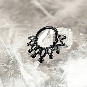 16G Black Mandala Flower Hoop Cartilage Earrings, Surgical Steel Helix Hoop Earring, Hinged Septum Hoop Ring, Nose Hoop Ring