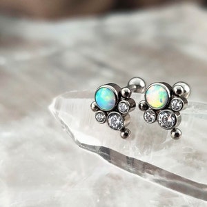 PAIR Titanium White Opal Boho Beads Cartilage Studs, 16G Implant Grade Threadless Helix Earrings, Edgy Push In Lab Opal Stud Earring Studs