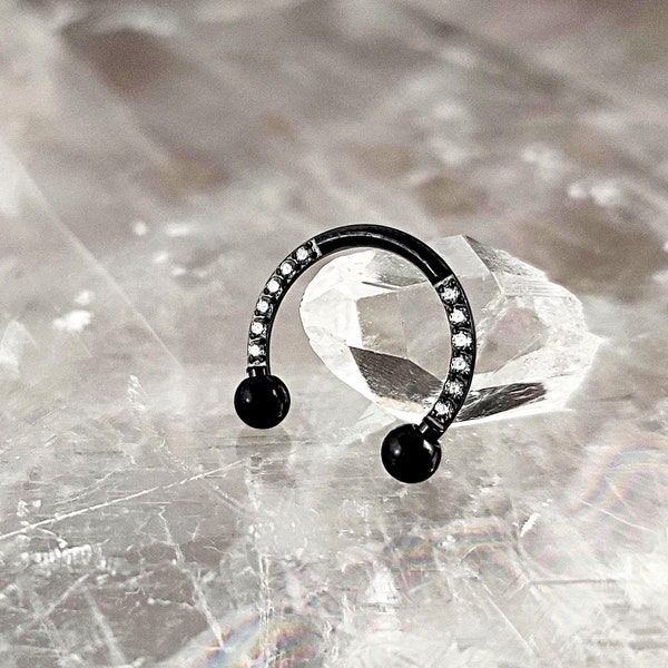 Boucles d'oreilles cartilage fer à cheval avec pavé CZ noir titane, boucle d'oreille Daith de qualité implantaire 16G, anneau de septum nasal, anneau hélicoïdal, boucle d'oreille tour