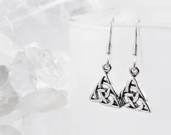 Trinity Knot Silver Drop Earrings, Celtic 925 Sterling Silver Earrings, Triangle Silver Dangle Earrings, Irish Gifts for Her