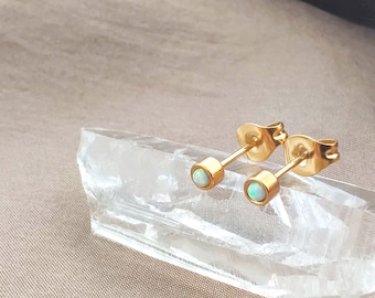 3MM Tiny White Opal Gold Stud Earrings, Surgical Steel Lab-Created Opal Studs, Minimalist Fire Opal Studs