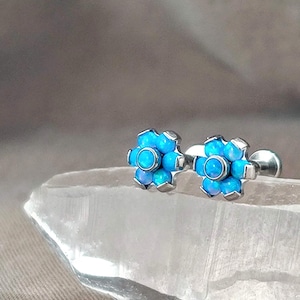 PAIR Titanium Tiny Blue Opal Flower Cartilage Studs, 16G Implant Grade Lab Opal Helix Earrings, Fire Opal Floral Flat Back Earrings