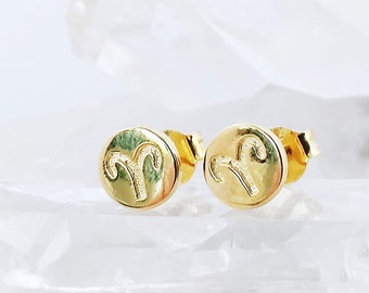 Aries Zodiac Sign Gold Stud Earrings, 925 Sterling Silver Jewelry, Gold Minimalist Horoscope Sign Studs Gift