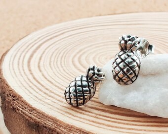 Medium Pineapple Silver Earrings Stud, Tropical Fruit 925 Sterling Silver Earrings, Hawaiian Silver Jewelry Gift,