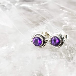 Natural Amethyst Round Beads Silver Stud Earrings, Purple Stone 925 Sterling Silver Post Earrings,Tiny Boho February Birthstone Jewelry Gift