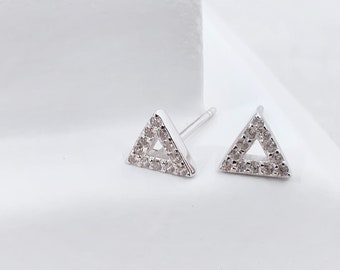 Tiny Triangle Crystal Silver Earring Studs, Geometric CZ 925 Sterling Silver Earrings, Cubic Zirconia Silver Post Stud Earrings Gift