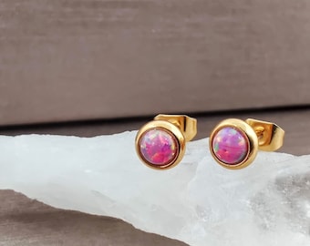 6MM Small Pink Opal Gold Stud Earrings, Surgical Steel Lab-Created Opal, Geometric Minimalist Studs