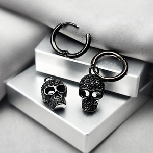 Gothic Skull Charm Black Hoop Earrings Punk Grunge Emo Dangle Huggie Hoop for Men Black Cubic Zirconia Cool Witchy Jewelry Gift Men