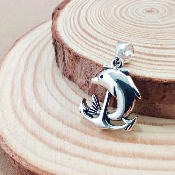 Dolphin & Anchor Silver Pendant Necklace, Ocean Animal 925 Sterling Silver Jewelry, Ocean Lover Silver Jewelry Gift
