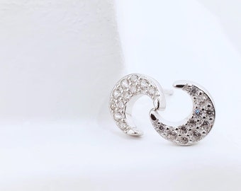 Tiny Crescent Moon Crystal Silver Stud Earrings, Celestial CZ 925 Sterling Silver Earrings, Cubic Zirconia Silver Post Stud Earrings,