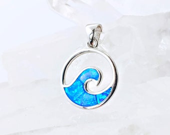 Blue Ocean Wave Fire Opal Silver Pendant, Lab-Created Opal 925 Sterling Silver Necklace, Beach Lover Hawaiian Jewelry Gift