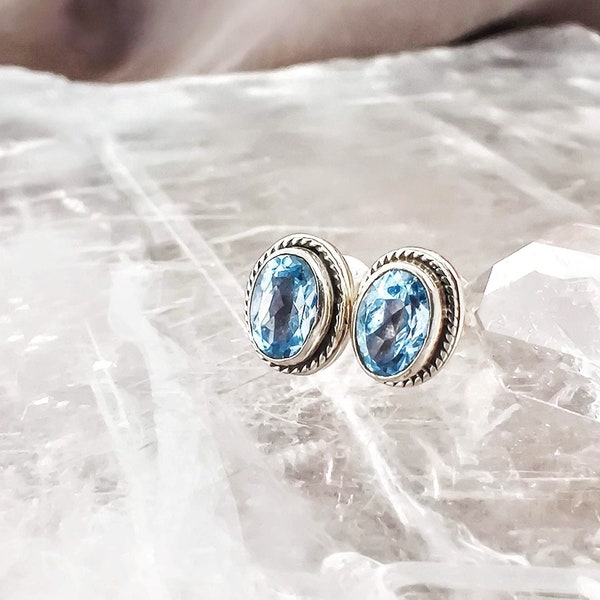 Natural Blue Topaz Boho Oval Silver Stud Earrings, 925 Sterling Silver Sky Blue Stone Studs, Blue Topaz December Birthstone Jewelry Gift