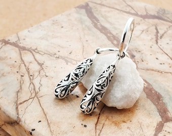 2 in 1 Huggie Vintage Teardrop Silver Earrings, Convertible 925 Sterling Silver Earrings, Filigree Silver Huggie Hoop Earrings