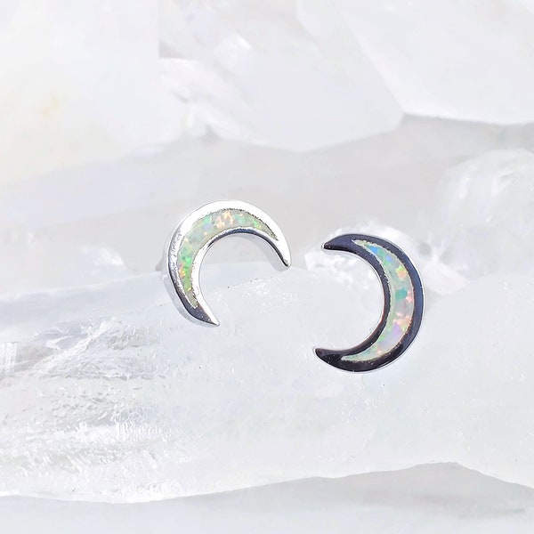 Crescent Moon White Opal Silver Earrings Stud, Lab-Created Fire Opal 925 Sterling Silver Jewelry, October Birthstone Celestial Gift