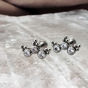 PAIR Titanium Clear CZ Beaded Crown Cartilage Studs, 16G Implant Grade Threadless Helix Earrings, Push-In Labret Stud