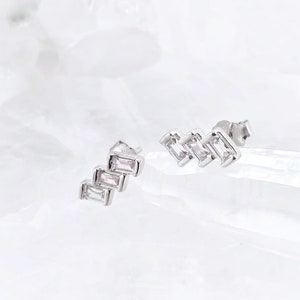 3 Tier Bars CZ Silver Stud Earrings, Cubic Zirconia 925 Sterling Silver Earrings, Geometric Minimalist Silver Post Studs Gift