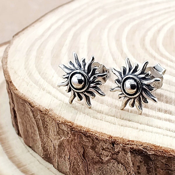 Blazing Sun Silver Stud Earrings, Boho Sun 925 Sterling Silver Earrings, Celestial Silver Jewelry Gift