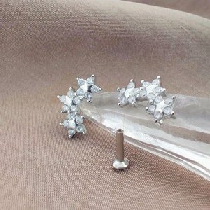 16G PAIR CZ 3 Curved Stars Cartilage Earrings, Helix Earrings, Cubic Zirconia Celestial Labret Stud, Tragus Earring