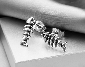 Fish Bone Stud Earrings Surgical Steel Skeleton Fish Earrings Beach Lover Ocean Sea Creature Jewelry Quirky Animal Funny Fisherman Gift