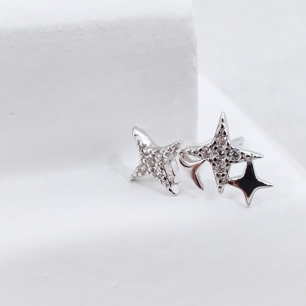 Tiny Stars Crystal Silver Earring Studs, North Star CZ 925 Sterling Silver Earrings, Cubic Zirconia Silver Post Stud Earrings Gift,