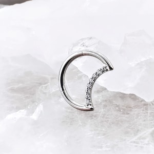 Titanium Crescent Moon CZ Ring Hoop Cartilage, 16G Implant Grade Titanium Helix Earrings, Cubic Zirconia Daith Hoop Ring
