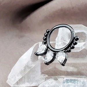 16G Black Boho Teardrops CZ Hoop Cartilage Earrings, Surgical Steel Helix, Hinge Hoop Segment Ring, Nose Ring
