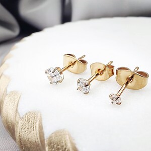 Tiny CZ Gold Titanium Stud Earrings, Implant Grade Hypoallergenic Titanium Simple Dainty Studs, Minimalist Cubic Zirconia Jewelry Gift