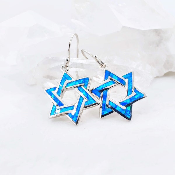 Star of David Blue Opal Silver Earrings, Lab-Created Opal 925 Sterling Silver Jewelry, Jewish Faith Fire Opal Jewelry Gift