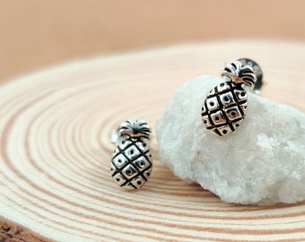 Small Pineapple Silver Earrings Stud, Fruit 925 Sterling Silver Earrings, Dainty Post Stud Silver Earrings, Hawaiian Silver Jewelry Gift,