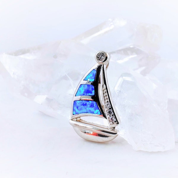 Sailboat Blue Opal & CZ Accent Silver Pendant, Lab-Created Opal 925 Sterling Silver Necklace, October Birthstone Jewelry Gift