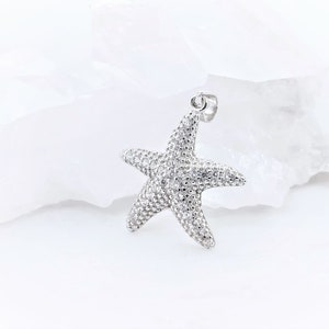 Starfish Crystal Silver Pendant Necklace, Dancing Starfish Zirconia 925 Sterling Silver Jewelry, Summer Beach Jewelry Gift