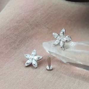 16G PAIR CZ 3D Flower Cartilage Earrings, Floral Tragus Stud Earring, Blossom Flower Helix Cartilage Stud, Labret Stud