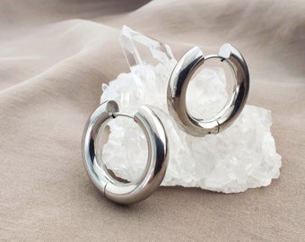 26MM Large Chunky Hoop Earrings, Surgical Steel Thick Hoops, Snap-on Silver Hoop Earrings