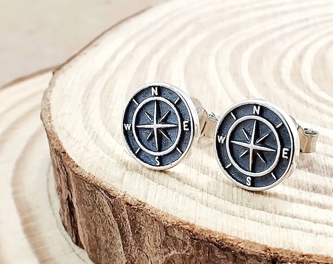 Oxidized Gunmetal Compass Silver Stud Earrings, Button Compass 925 Sterling Silver Earrings, Edgy Cool Traveler's Gift Ideas
