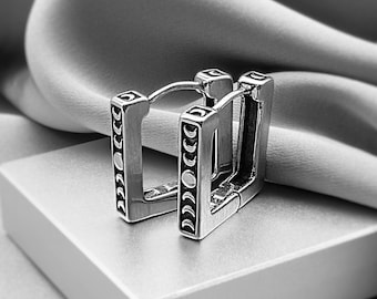 Moon Phase Square Hoop Earrings Surgical Steel Geometric Celestial Astrology Jewelry Cosmic Star Small Hoops Cool Mid Century Modern Gift