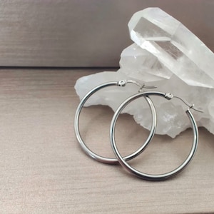 30MM Medium Hoop Earrings, Minimalist Surgical Steel Earrings, Plain Hoop Earrings, Boho Silver Jewelry Gift