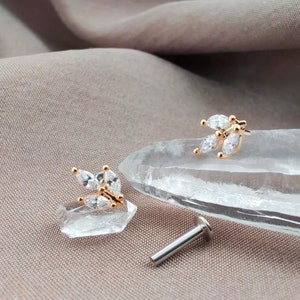 16G CZ PAIR Tiny Gold Leaf Threadless Cartilage Stud, Helix Studs, Tragus Earring, Conch Earring, Cubic Zirconia Stud Earrings