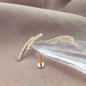 16G PAIR Gold CZ Double Curve Bars Cartilage Earrings, Internally Threaded Helix Earrings, Tragus Earring, Labret Stud