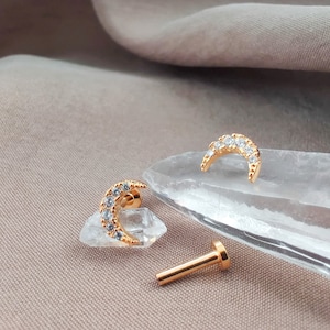 16G CZ PAIR Gold Dainty Moon Cartilage Earrings, Conch Earrings, Tragus Studs, Crescent Moon Helix Stud Earrings