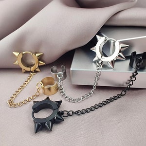 2 in 1 Spikes Huggie Hoop Chain & Ear Cuff Earrings, 316L Surgical Steel Cool Earrings, Edgy Punk Huggie and No Piercing Ear Cuff