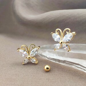 16G PAIR CZ Large Butterfly Cartilage Earrings, Externally Threaded Helix Earring, Tragus Earring, Cubic Zirconia Screw On Earrings