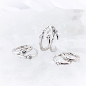 1 CZ Accent Huggie Hoops Silver Earrings, Cubic Zirconia 925 Sterling Silver Huggies, Dainty Silver Huggie Earrings Gift