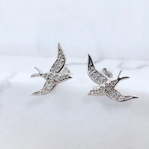 Sparrow Bird Crystal Silver Earring Studs, Flying Bird CZ 925 Sterling Silver Earrings, Cubic Zirconia Silver Post Studs, Bird Jewelry Gift