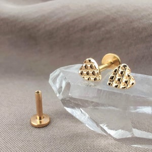 16G PAIR Gold Tiny Textured Heart Cartilage Earrings, Internally Threaded Helix Stud, Flat Back Labret Stud, Tragus Earring