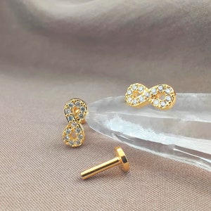 16G CZ PAIR Gold Infinity Cartilage Earrings, Helix Earrings, Cubic Zirconia Gold Conch Studs, Tragus Earring, Labret Stud