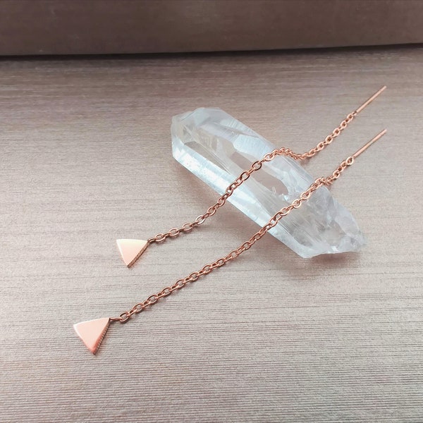 Mini Triangle Rose Gold Threader Earrings, Surgical Steel Earrings, Minimalist Free Falling Chain