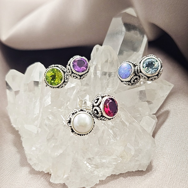 Gemstones Round Vintage Silver Stud Earrings, Birthstones Sterling Silver Antique Jewelry,Garnet Amethyst Pearl Peridot Opal Blue Topaz Gift