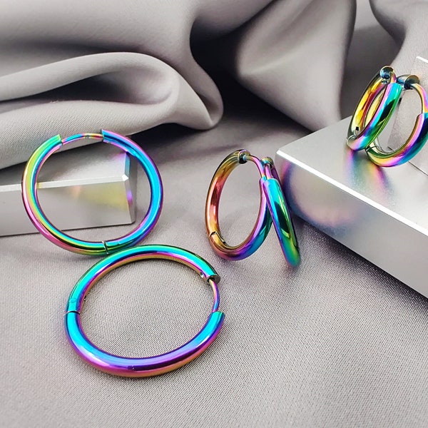 2.5MM Classic Rainbow Hoop Earrings, Simple Surgical Steel Multi Colors Huggie Hoops, Clicker Snap on Plain Hoop Earrings Jewelry Gift