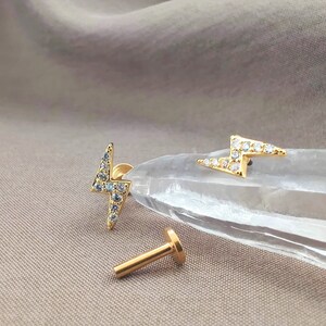 16G CZ PAIR Gold Lightning Bolt Cartilage Earrings, Thunder Helix Studs, Cubic Zirconia Conch, Labret Stud